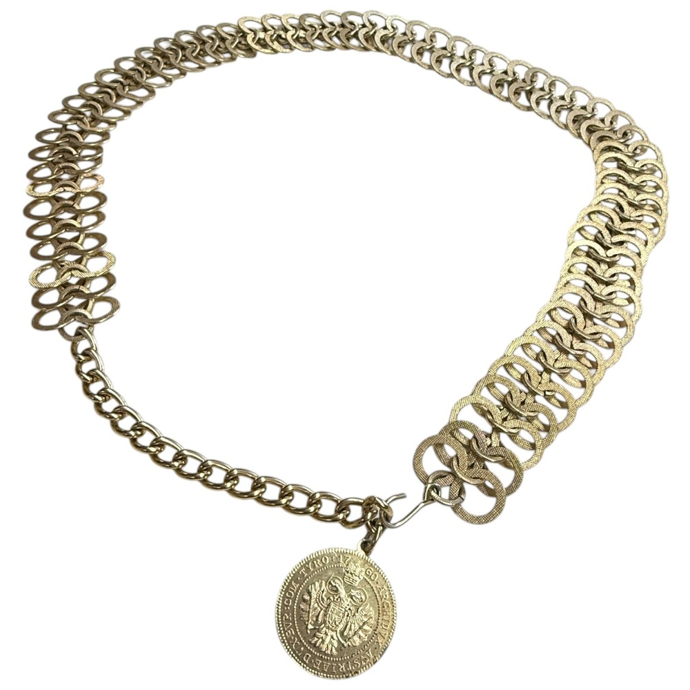 Vintage Gold Tone Textured Multi Link Chain Belt Maria Theresia Coin‎ Charm 1780